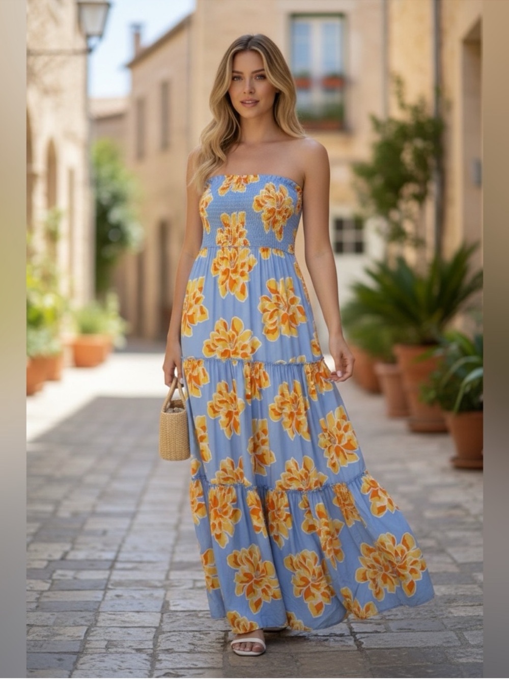 Abel the Label Anthropologie Strapless Blue Maxi Dress with Orange Floral Print